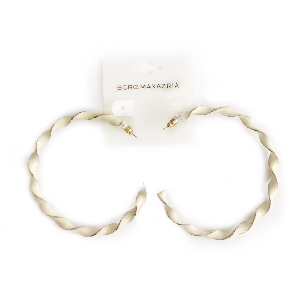 BCBG EARRINGS SPIRAL GOLD LOOP HOOP IVORY WHITE